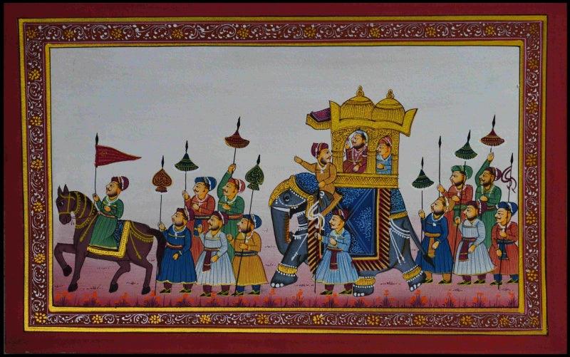 Figurative mughal traditional art titled 'Royal Procession', 7x10 inches, by artist Unknown on Paper
