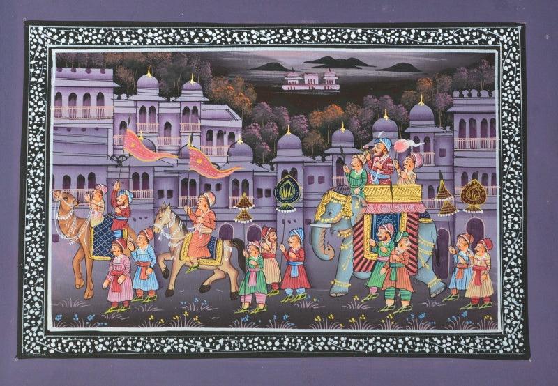 Figurative mughal traditional art titled 'Royal Procession In Town', 5x8 inches, by artist Unknown on Silk