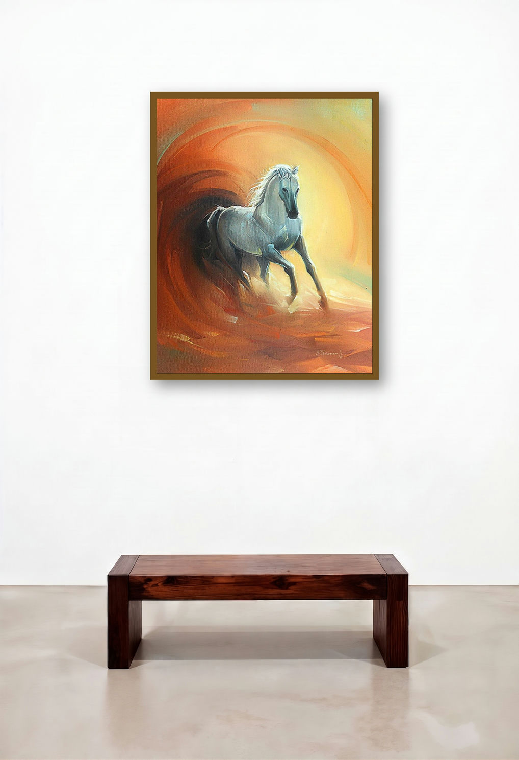 Running Horse (Sunlit Spirit) by artist D Tiroumale displayed in a Industrial Family Room