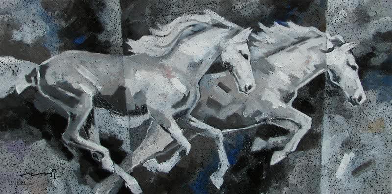 Animals acrylic painting titled 'Running White Horses', 36x72 inches, by artist Devidas Dharmadhikari on Canvas