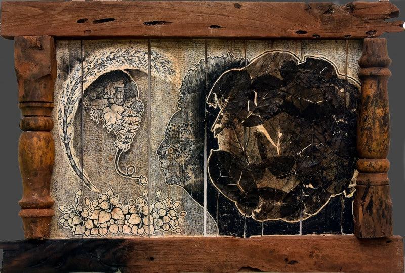 contemporary mixed media painting titled 'Rural Life Culture And Its Politics Seri', 22x33 inches, by artist Sagar Suresh Naik Mule on Wood