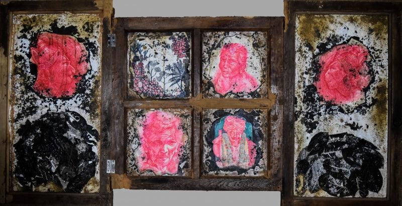 contemporary mixed media painting titled 'Rural Life Culture And Its Politics Seri', 32x62 inches, by artist Sagar Suresh Naik Mule on Wood