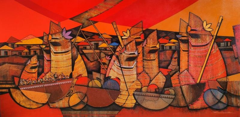 Figurative acrylic painting titled 'Rural Market', 30x60 inches, by artist Rahul Dangat on Canvas