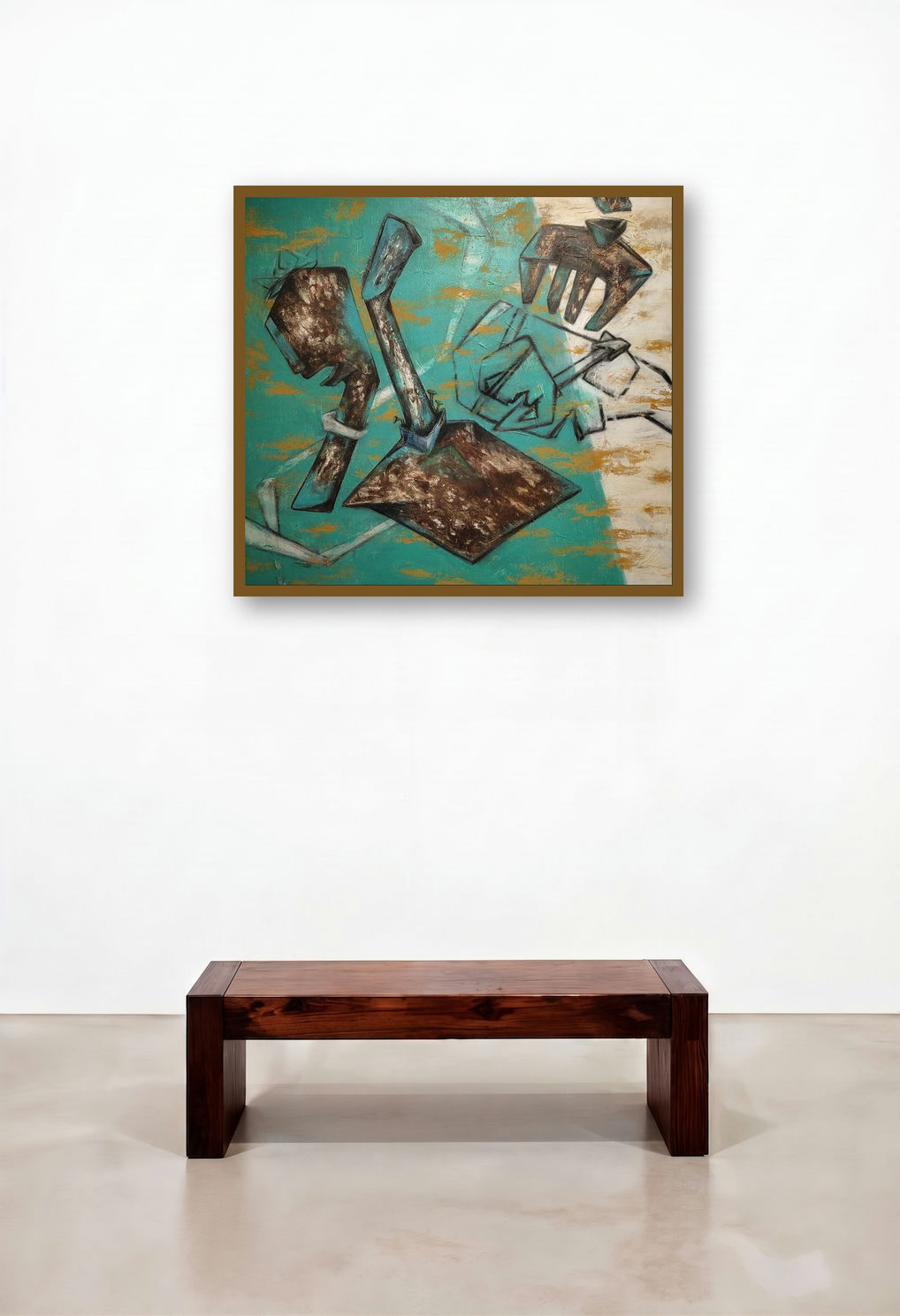Rusty Tools (Tools of Labor) by artist Dhananjoy Das Painting displayed in a Japandi Hotel Suite