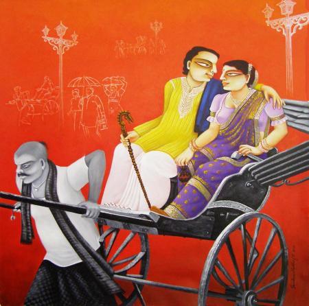 Figurative mixed media painting titled 'SOLD', 27x27 inches, by artist Gautam Mukherjee on Canvas