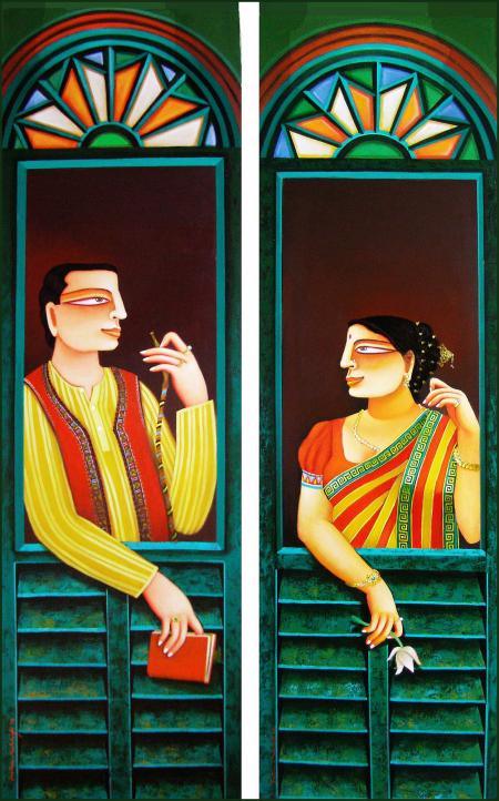 Figurative acrylic painting titled 'SOLD', 30x48 inches, by artist Gautam Mukherjee on Canvas
