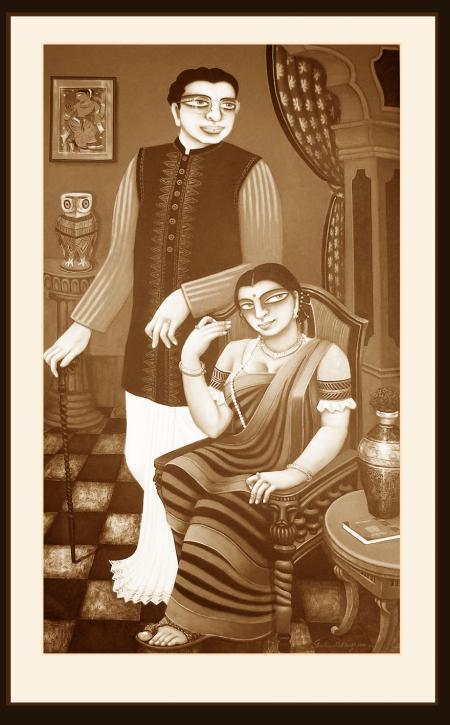 Figurative mixed media painting titled 'SOLD', 30x50 inches, by artist Gautam Mukherjee on Canvas