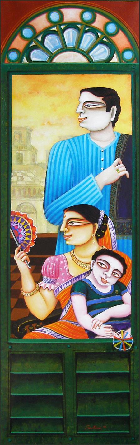Figurative acrylic painting titled 'SOLD', 14x45 inches, by artist Gautam Mukherjee on Canvas
