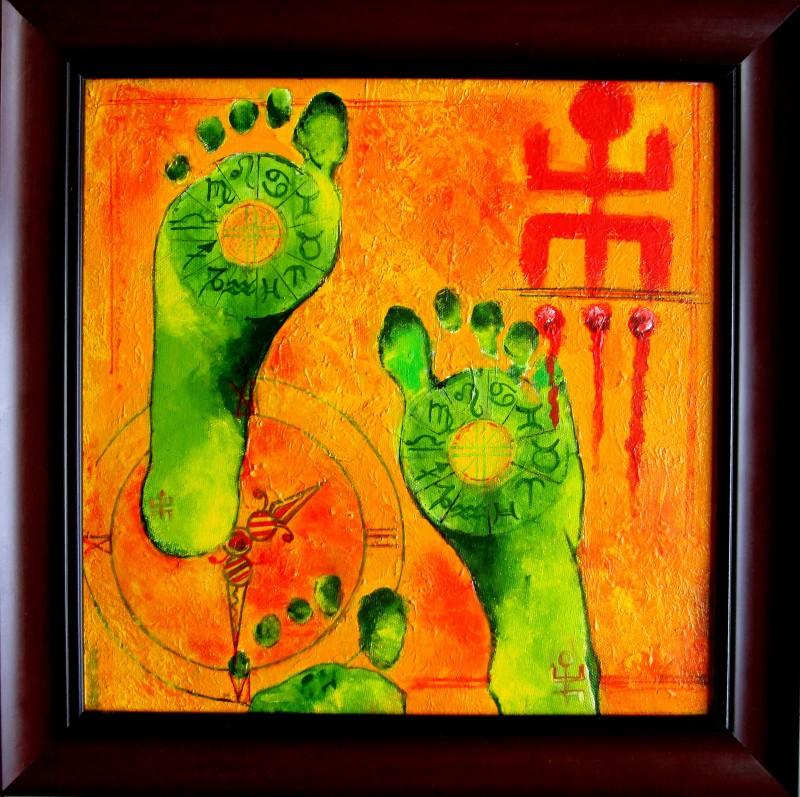 Motivational acrylic painting titled 'SUBH LABH', 12x12 inches, by artist Sharmi Dey on Canvas