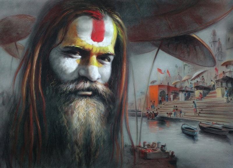 Figurative soft pastel drawing titled 'Sadhu', 22x30 inches, by artist Sankar Das on paper