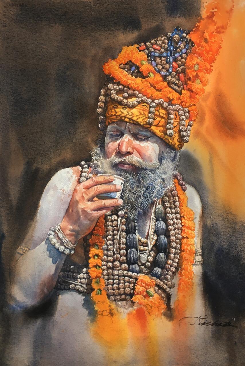Religious watercolor painting titled 'Sadhu', 22x15 inches, by artist Nishikant Palande on Paper