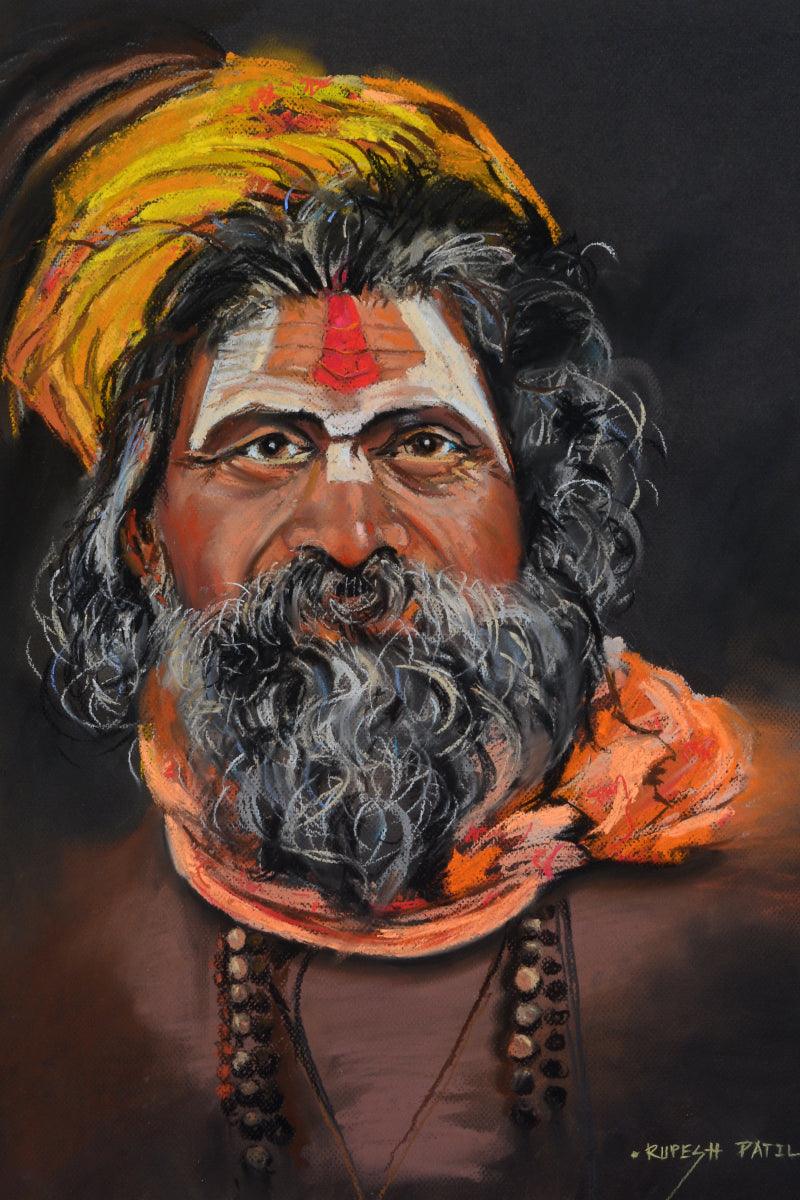 Religious pastel drawing titled 'Sadhu', 20x18 inches, by artist Rupesh Patil on Paper