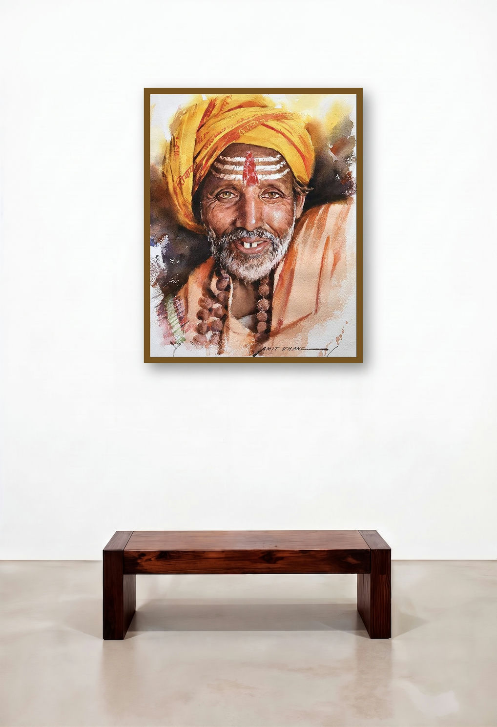 Sadhu (Varanasi Morning) by artist Amit Dhane displayed in a Modern Lounge