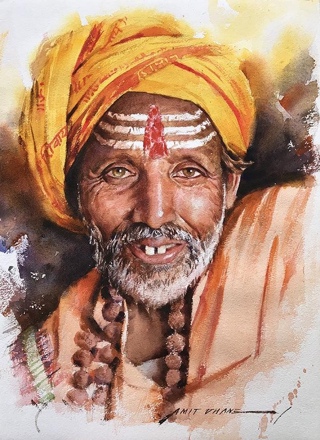 Religious watercolor painting titled 'Sadhu', 14x10 inches, by artist Amit Dhane on Paper