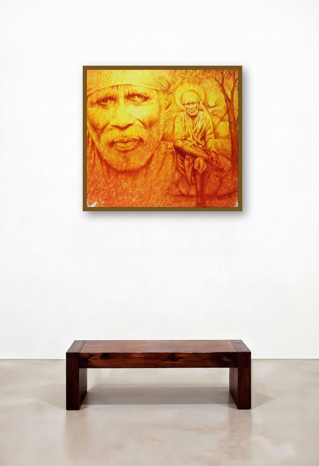 Sai Baba (Sai Baba of Shirdi) by artist Prince Chand displayed in a Contemporary Luxury Executive Office