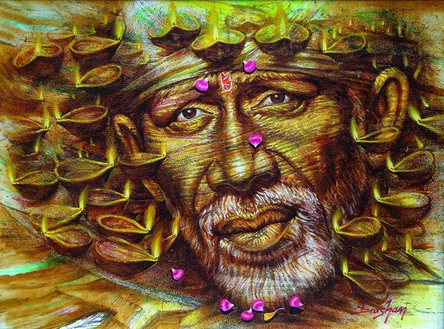Religious oil painting titled 'Sai Baba', 36x48 inches, by artist Darshan Sharma on Canvas
