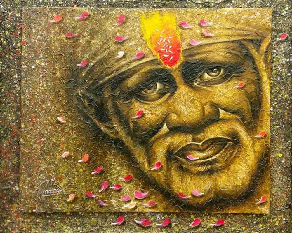 Religious acrylic painting titled 'Sai Baba', 26x30 inches, by artist Pradeep Kumar on Canvas