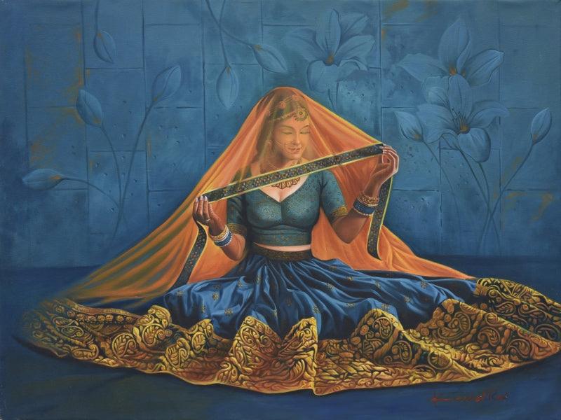 Figurative oil painting titled 'Sajawat', 48x36 inches, by artist Kamal Rao on Canvas