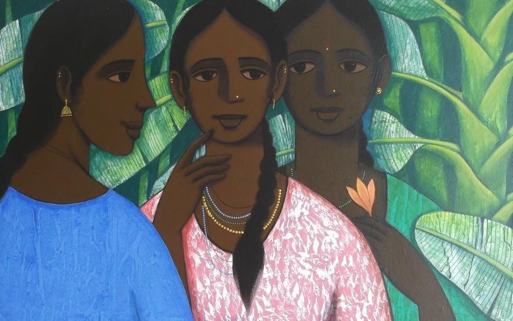 Figurative acrylic painting titled 'Sakhi 2', 24x36 inches, by artist Nagesh Ghodke on Canvas