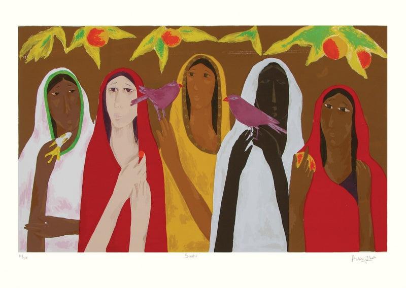 Figurative serigraphs painting titled 'Sakhi', 28x39 inches, by artist Haku Shah on Paper