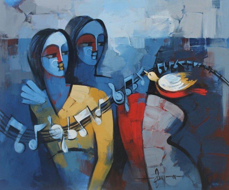 Figurative acrylic painting titled 'Sakhi', 30x36 inches, by artist Deepa Vedpathak on Canvas