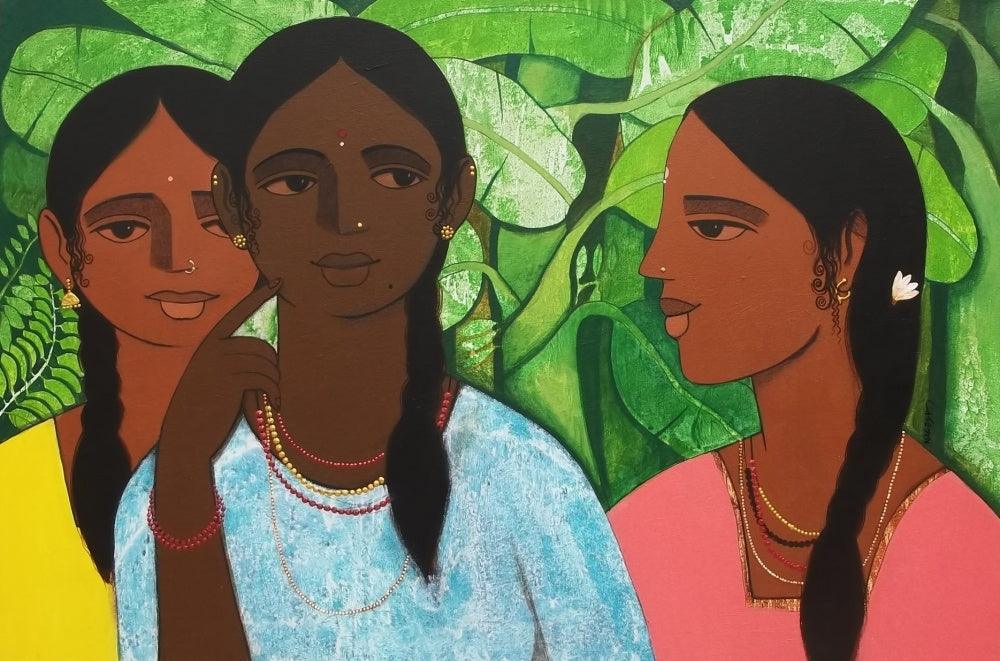 Figurative acrylic painting titled 'Sakhi', 24x36 inches, by artist Nagesh Ghodke on Canvas