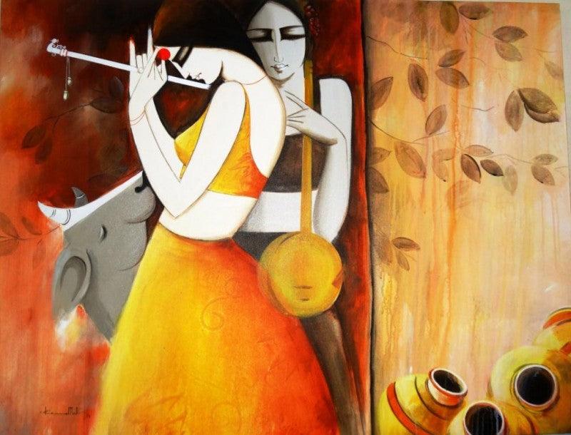 Figurative acrylic painting titled 'Sakhi', 33x44 inches, by artist Kamal Nath on Canvas