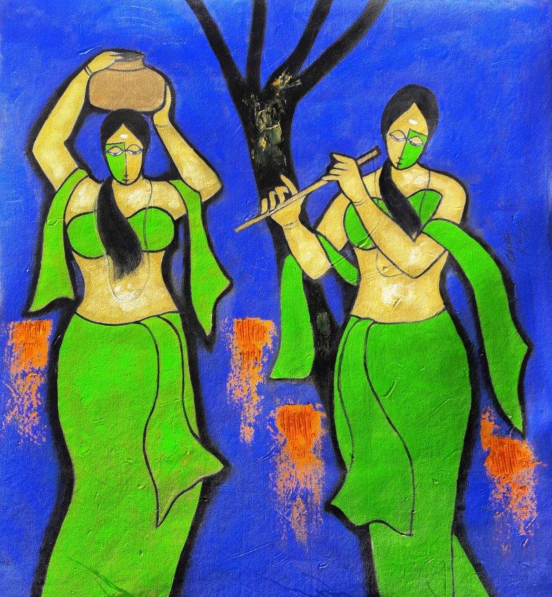 Figurative mixed media painting titled 'Sakhi', 27x27 inches, by artist Chetan Katigar on Canvas