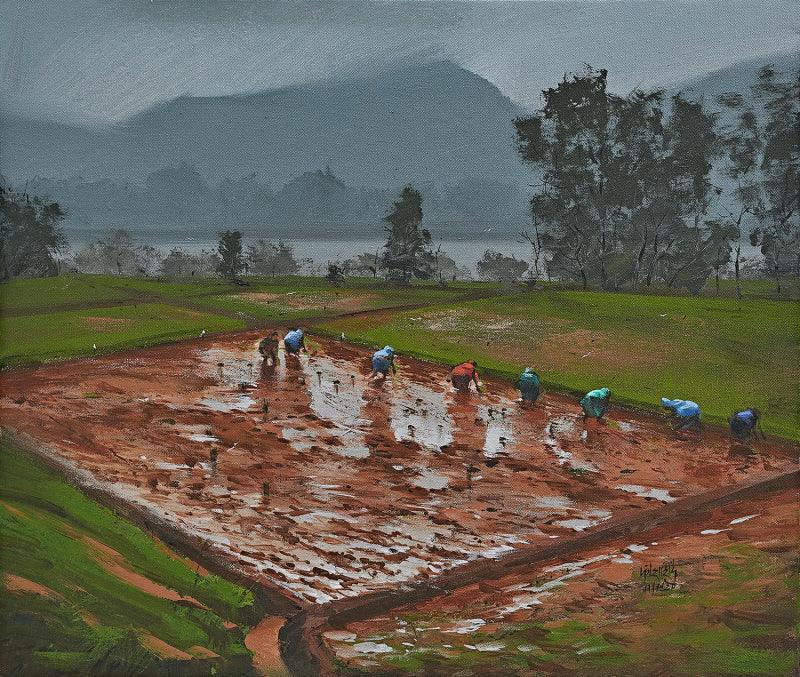 Landscape acrylic painting titled 'Sandhya', 18x21 inches, by artist Mangesh Shinde on Canvas