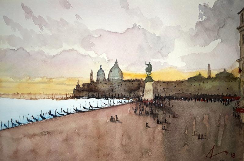 Cityscape watercolor painting titled 'Santa Maria Venice Italy', 8x11 inches, by artist Arunava Ray on Paper