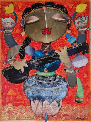 Religious mixed media painting titled 'Saraswathi', 24x18 inches, by artist G Subramanian on Canvas