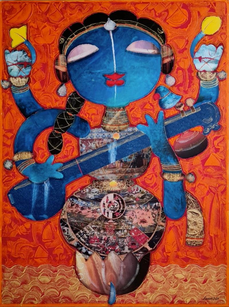 Religious mixed media painting titled 'Saraswathi', 40x30 inches, by artist G Subramanian on Canvas