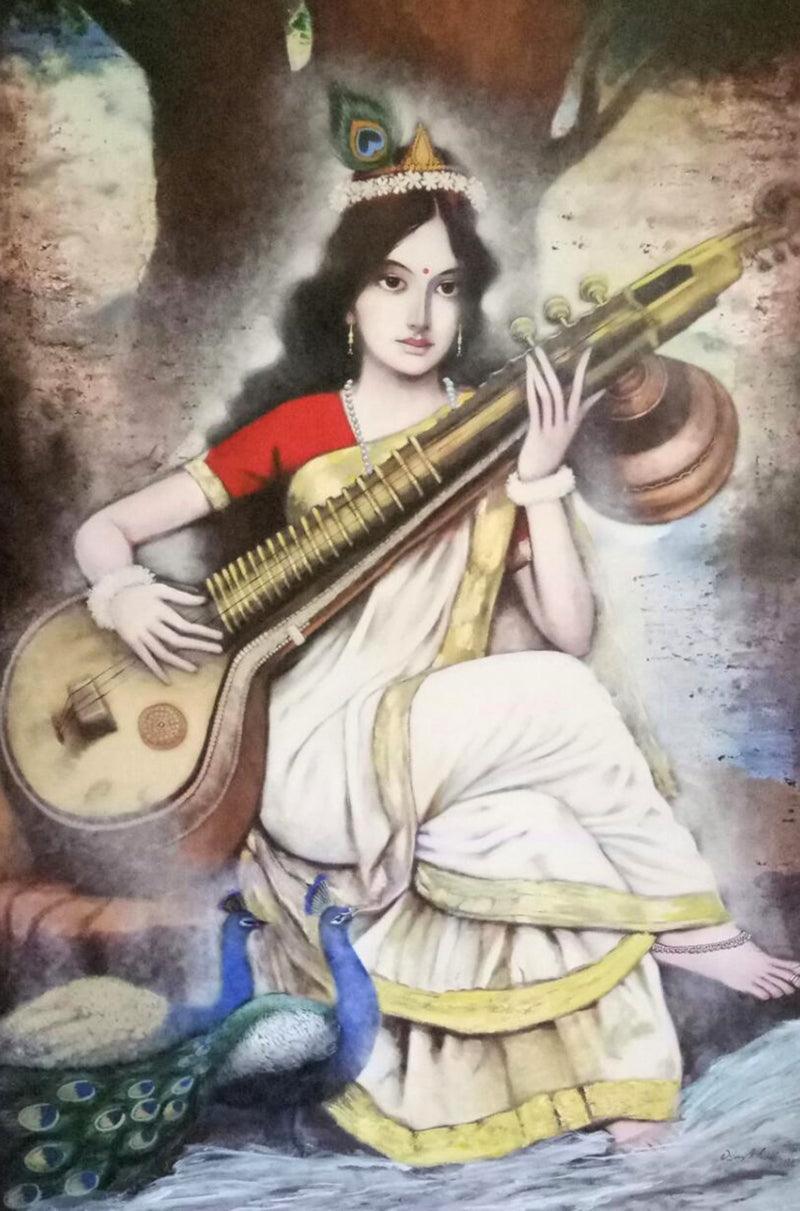 Religious acrylic painting titled 'Saraswati', 72x48 inches, by artist Vijay Gille on Canvas