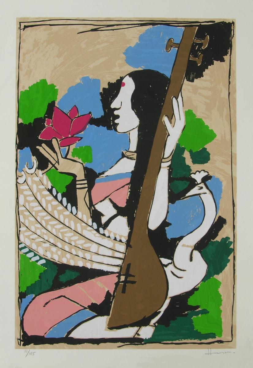 Religious serigraphs painting titled 'Saraswati', 30x21 inches, by artist M. F. Husain on Paper