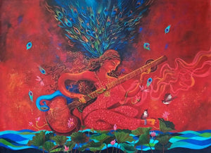 Saraswati Sharada (Yashoda and Krishna) by Lisha N T, Original Acrylic Religious Painting on Canvas, Medium Horizontal Wall Art
