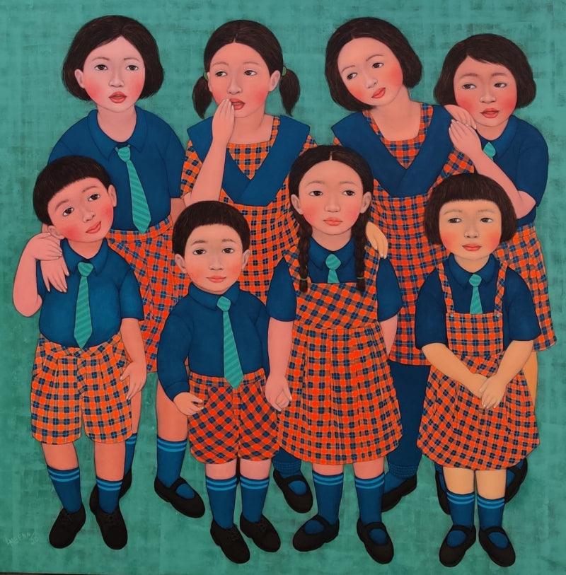 Figurative acrylic painting titled 'School Friendship', 53x53 inches, by artist Meena Laishram on Canvas