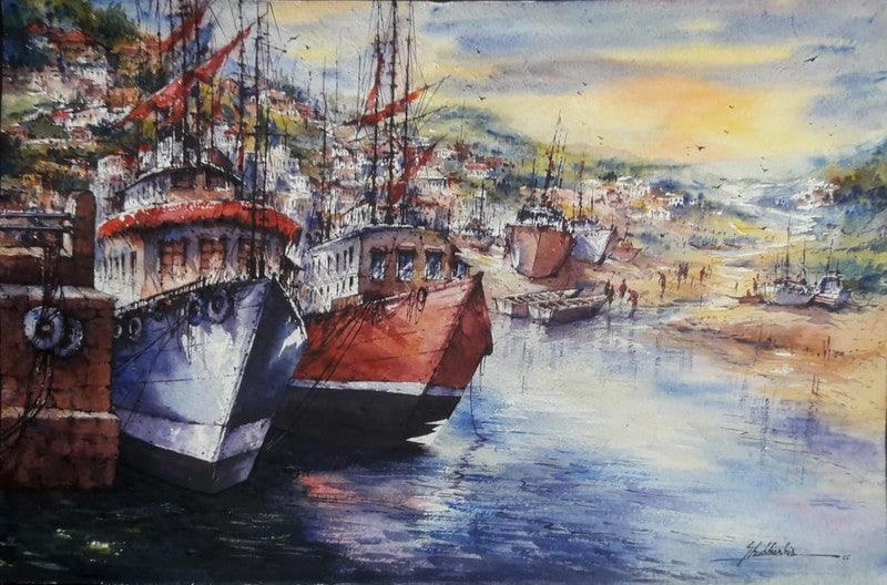 Seascape watercolor painting titled 'Seascape 1', 15x22 inches, by artist SHUBHASHIS MANDAL on Handmade Paper