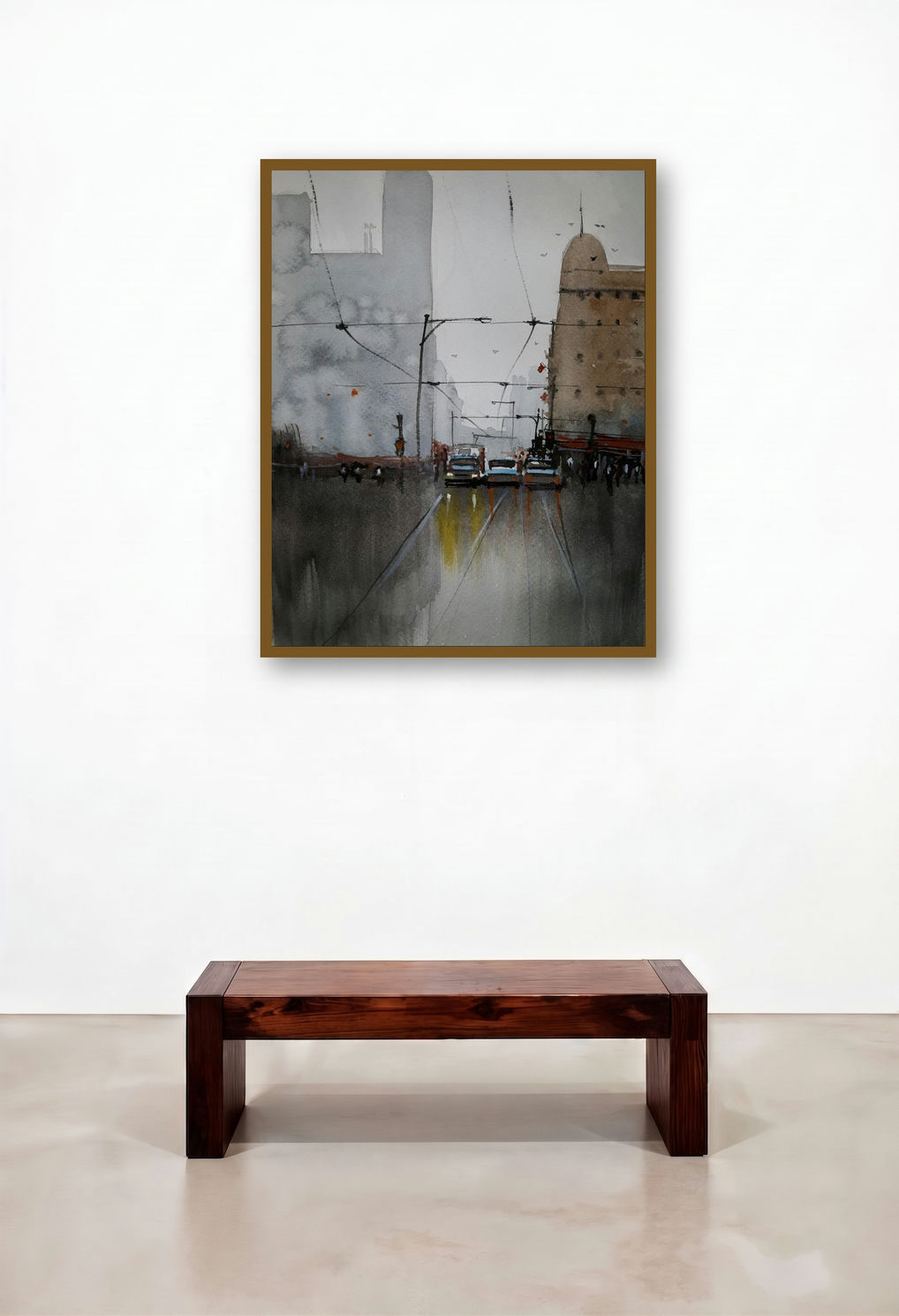 Serbia (Misty Morning Commute) by artist Arunava Ray displayed in a Elegant Reception Area
