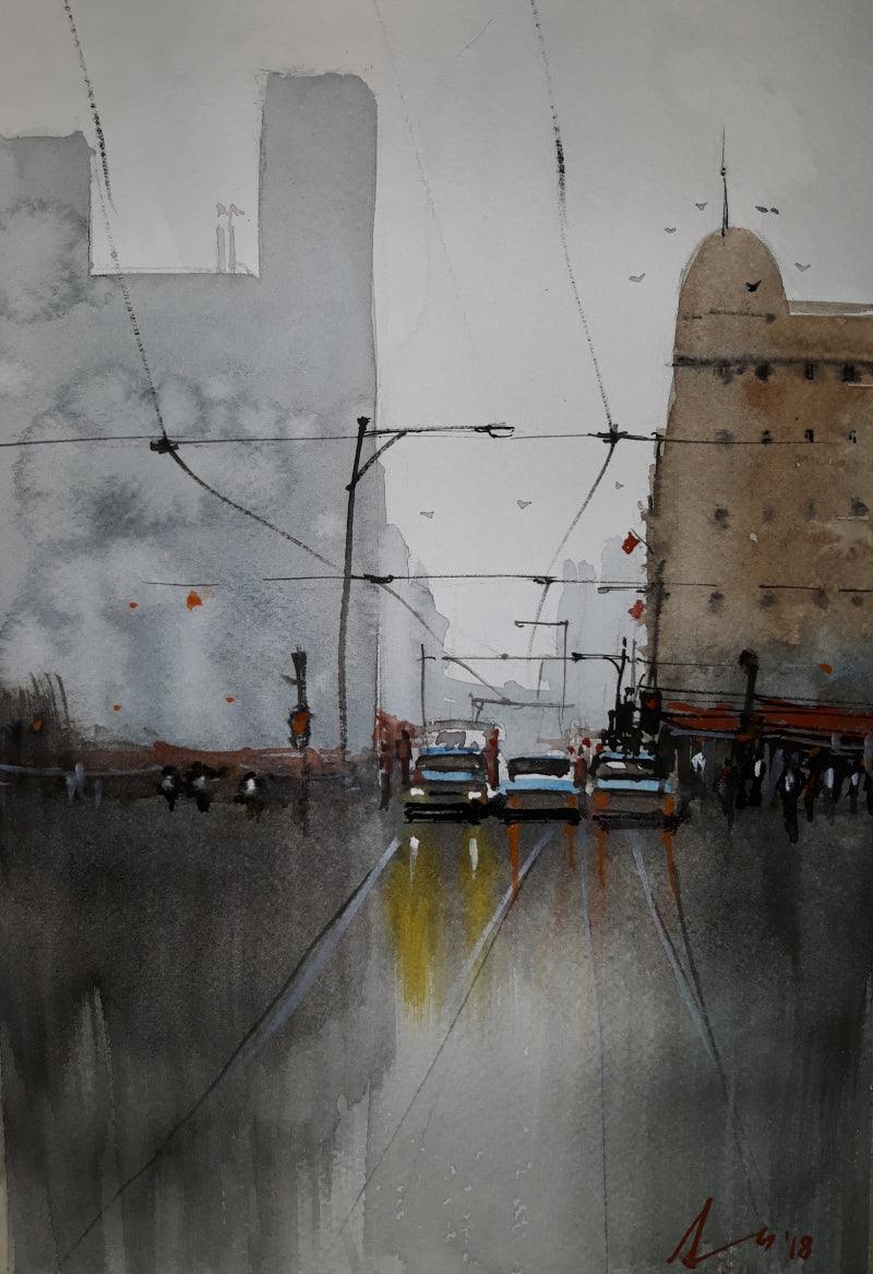 Cityscape watercolor painting titled 'Serbia', 11x8 inches, by artist Arunava Ray on Paper