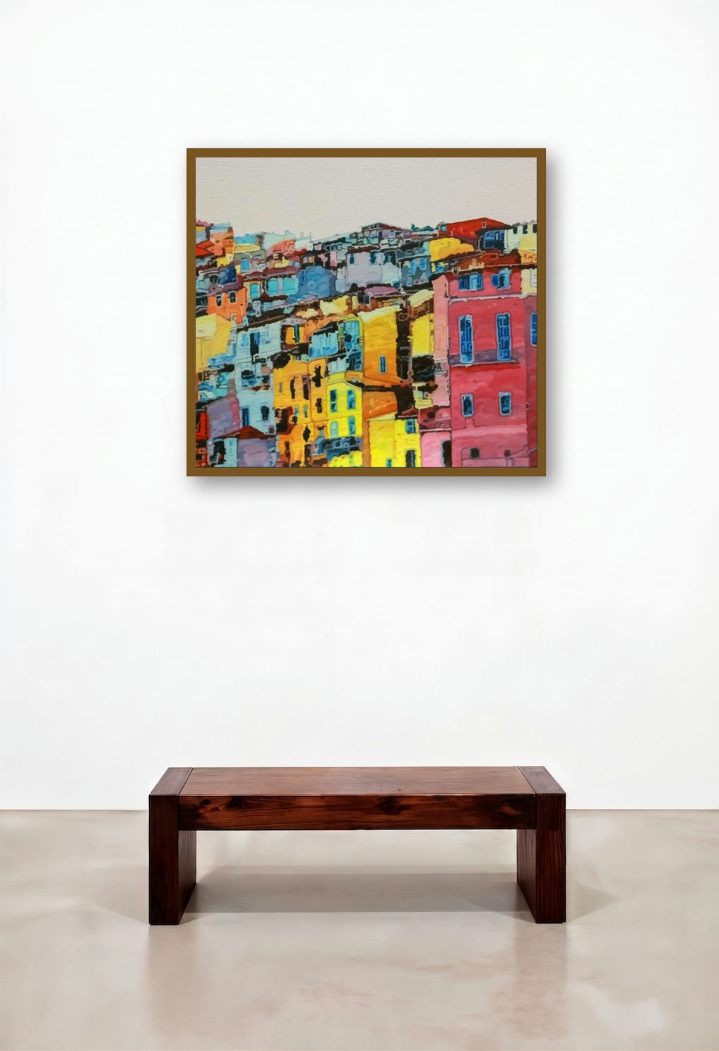 Shadow City 7 (Urban Tapestry) by artist Ganesh Pokharkar displayed in a Mid-Century Modern Hallway