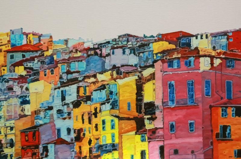 Cityscape oil painting titled 'Shadow City 7', 48x72 inches, by artist Ganesh Pokharkar on Canvas