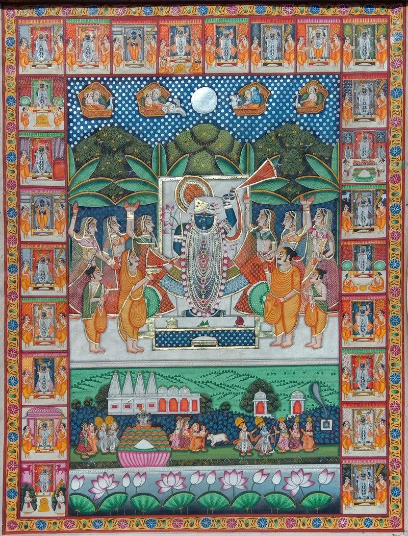 Religious pichwai traditional art titled 'Sharad Purnima', 48x36 inches, by artist Surkhi Arts on Cloth