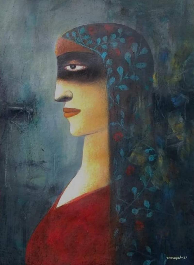 Figurative mixed media painting titled 'She', 30x22 inches, by artist Mihir Kayal on Paper
