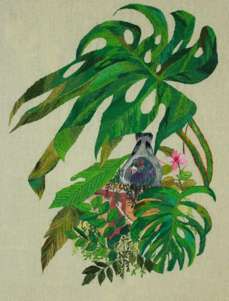 Animals mixed media painting titled 'Shelter', 18x12 inches, by artist Shatabdi Roy on Cloth