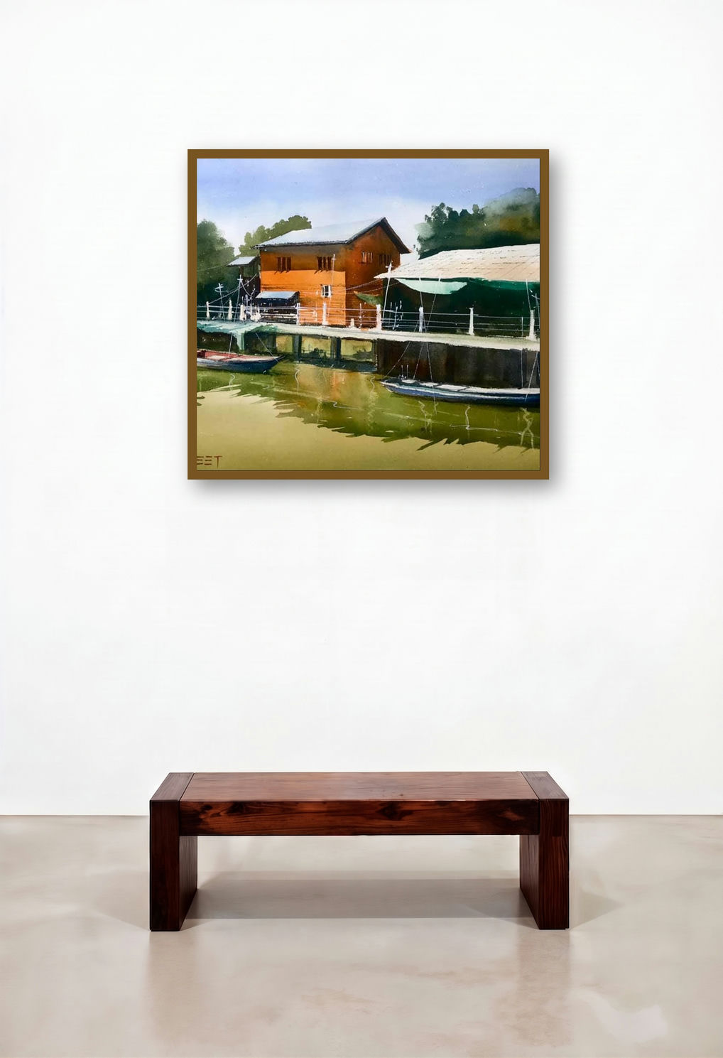 Shining Village (Serene Riverside) by artist Abhijeet Bahadure displayed in a Contemporary Luxury Hotel Lobby