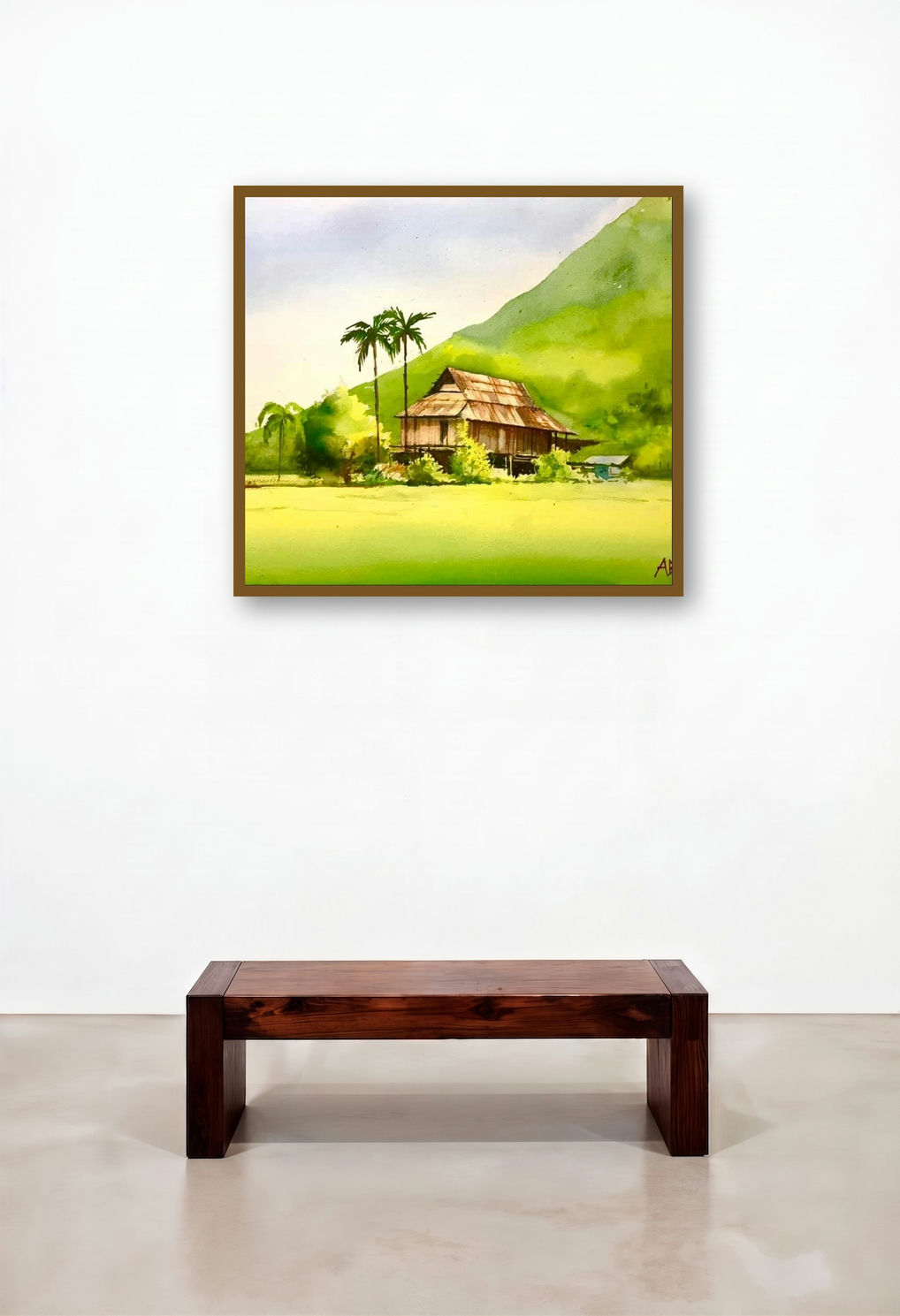 Shining Village (Serene Retreat) by artist Abhijeet Bahadure displayed in a Mid-Century Modern Dining Room
