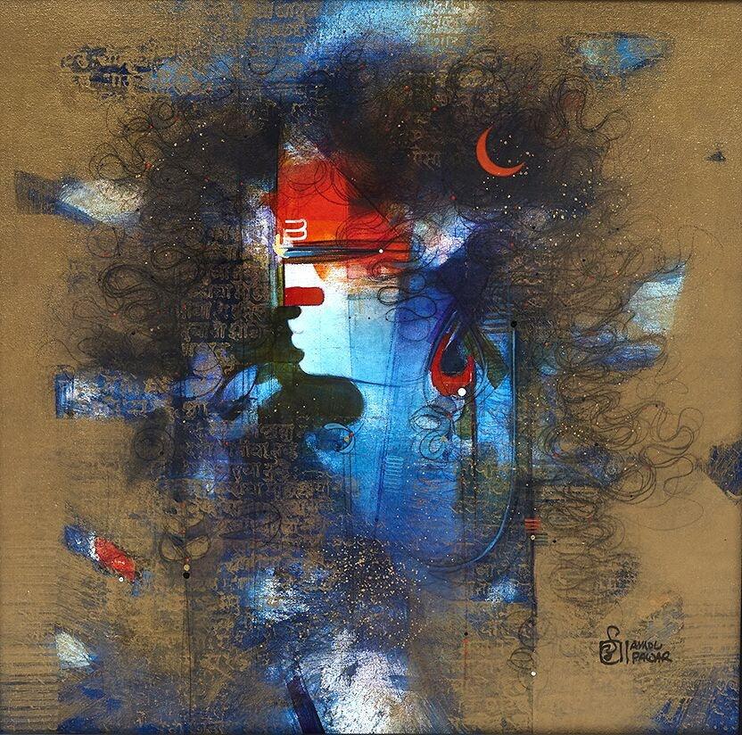 Religious acrylic painting titled 'Shiv', 18x18 inches, by artist Amol Pawar on Canvas