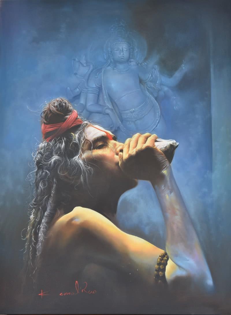 Figurative oil painting titled 'Shiv Bhakt', 32x42 inches, by artist Kamal Rao on Canvas