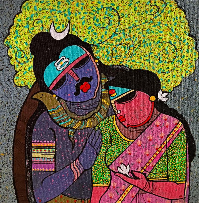 Religious acrylic painting titled 'Shiv Parvati 1', 10x10 inches, by artist Priyanka Chivte on Canvas