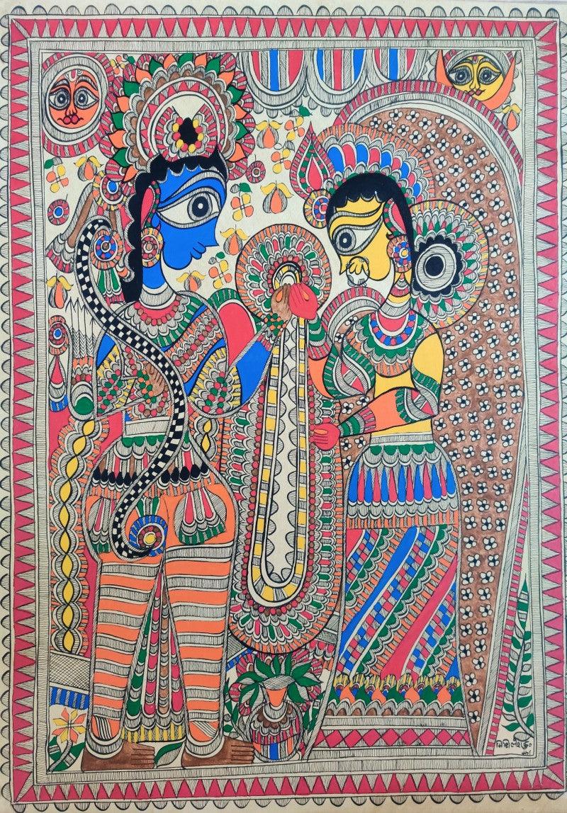 Religious madhubani traditional art titled 'Shiv Parvati', 30x22 inches, by artist Mithilesh Jha on Paper